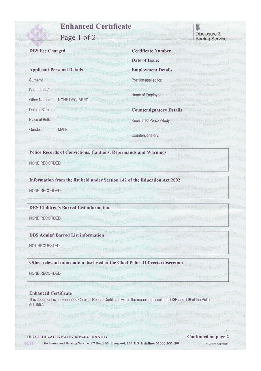 sample DBS certificate