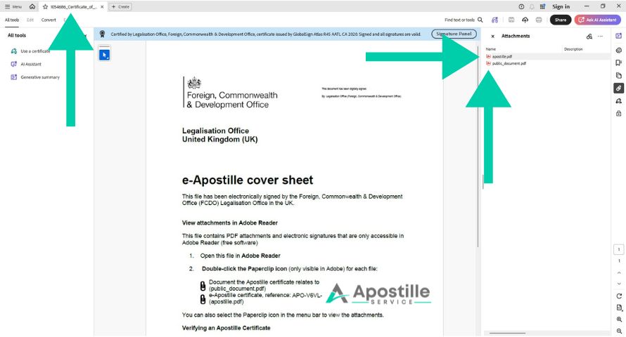 e-apostille cover letter from the FCDO Legalisation Office